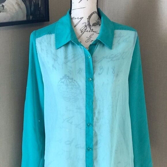 Bongo large aqua Blouse women’s long sleeve - Picture 7 of 16